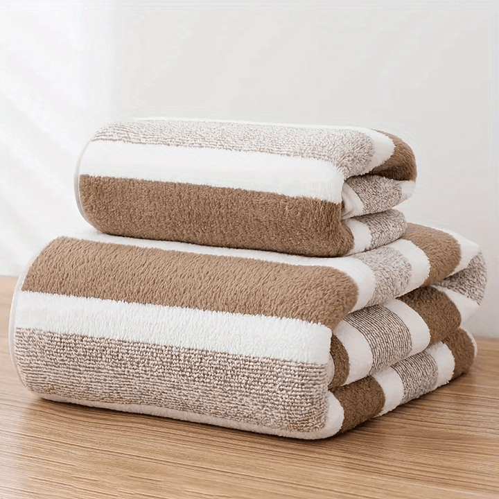 Set de Serviettes 2 Pièces | Drap de Bain et Serviette Rayée Absorbante et Séchage Rapide