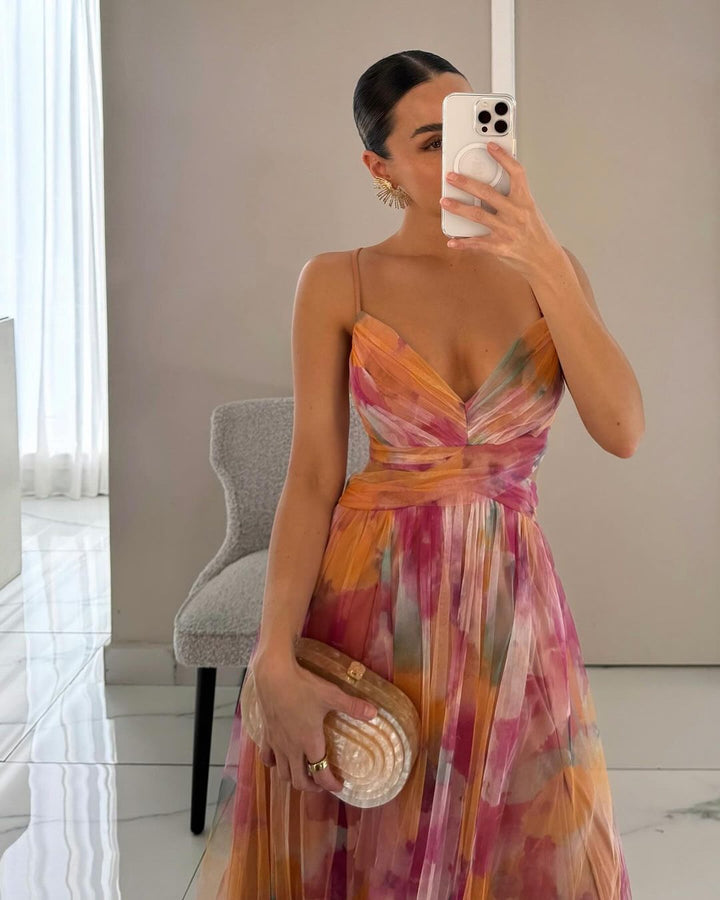 Abito lungo da donna Celeste | Abito in chiffon arioso con stampa floreale e spalline regolabili 