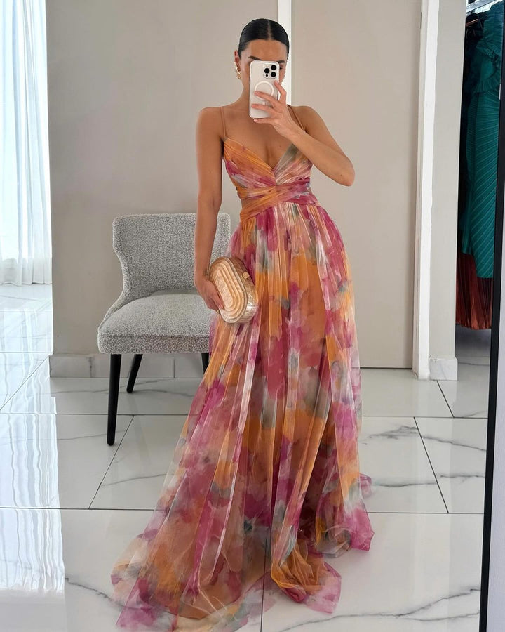 Abito lungo da donna Celeste | Abito in chiffon arioso con stampa floreale e spalline regolabili 
