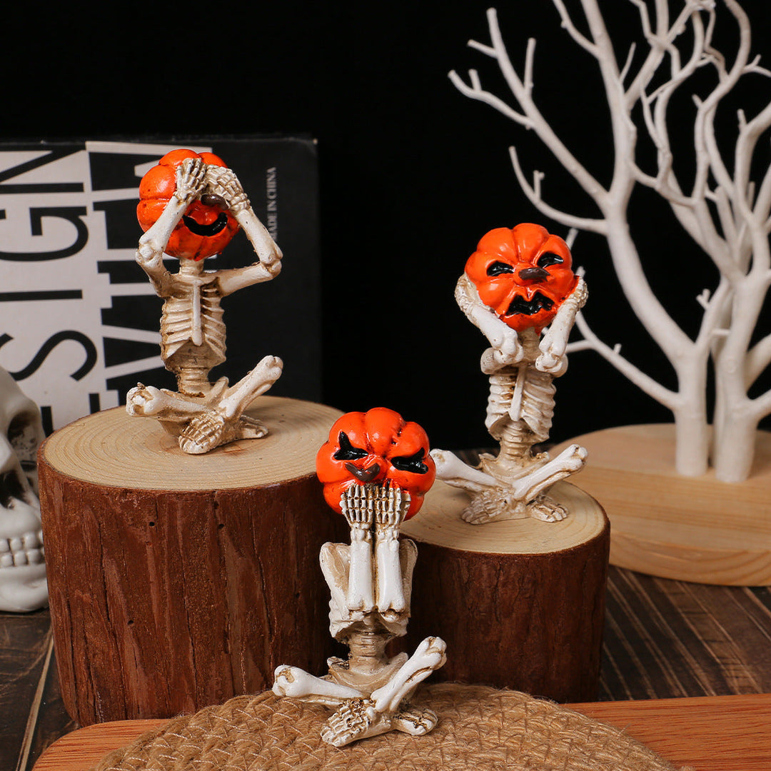 Décoration Halloween – Set 3 Squelettes Citrouille « Ne rien voir » en Résine