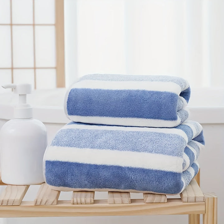 Set de Serviettes 2 Pièces | Drap de Bain et Serviette Rayée Absorbante et Séchage Rapide