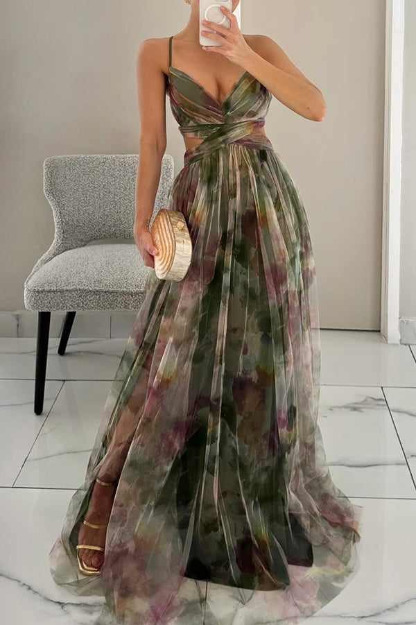Abito lungo da donna Celeste | Abito in chiffon arioso con stampa floreale e spalline regolabili 