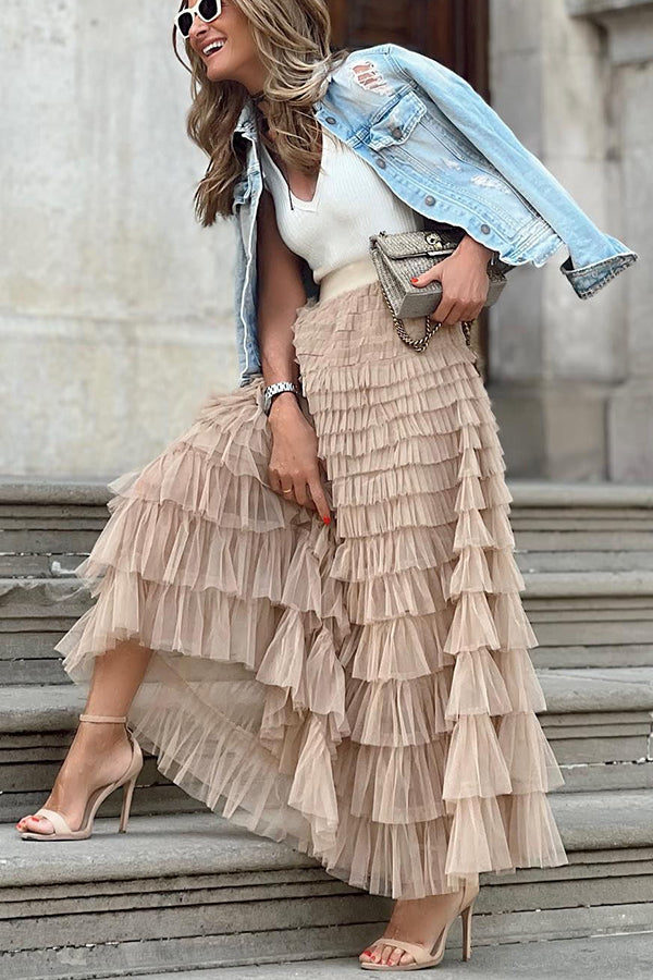 Rosa | Jupe longue en tulle avec taille élastiquée en palier