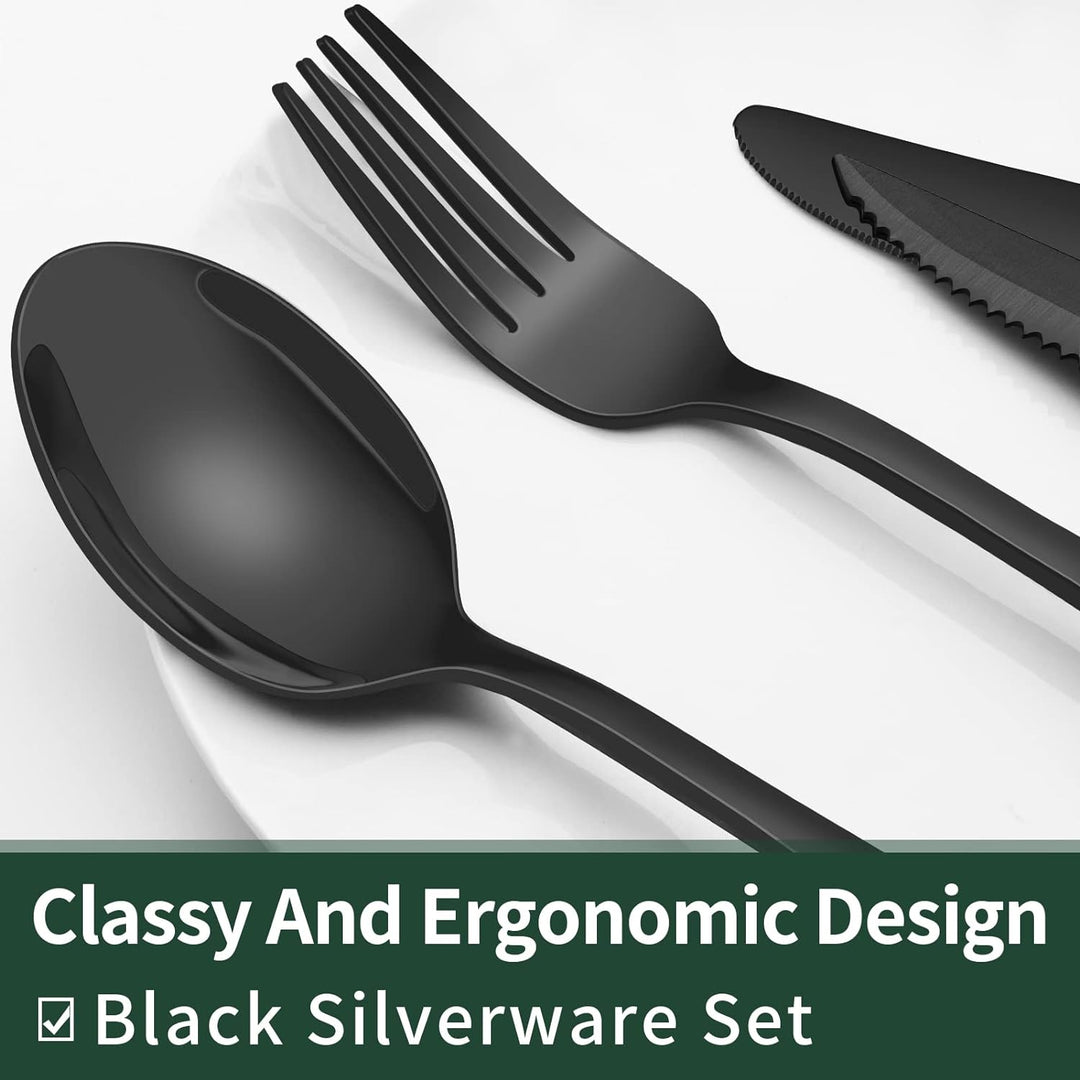 PureSet Set de Couverts 24 Pièces | Acier Inox Noir avec Couteaux à Steak