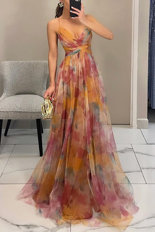 Abito lungo da donna Celeste | Abito in chiffon arioso con stampa floreale e spalline regolabili 