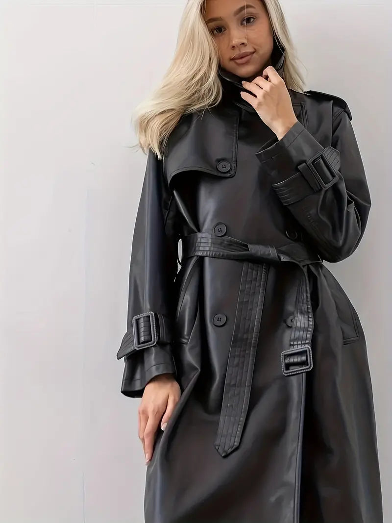 Trench-coat long en cuir femme | Ceinture, double boutonnage et larges revers