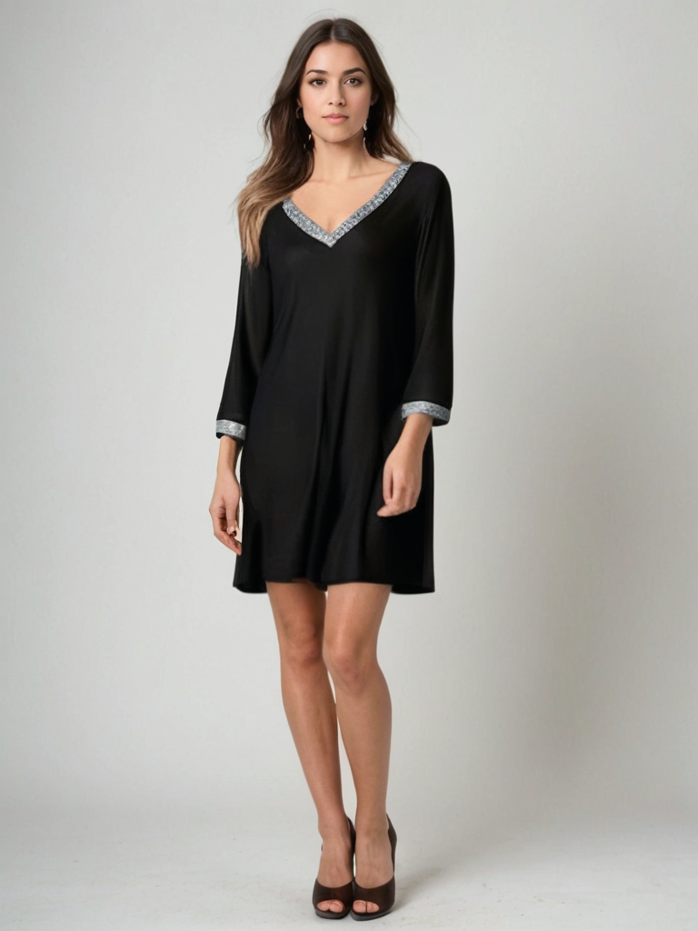 Vestido de noche negro corto | Elegancia informal con lentejuelas y escote en V