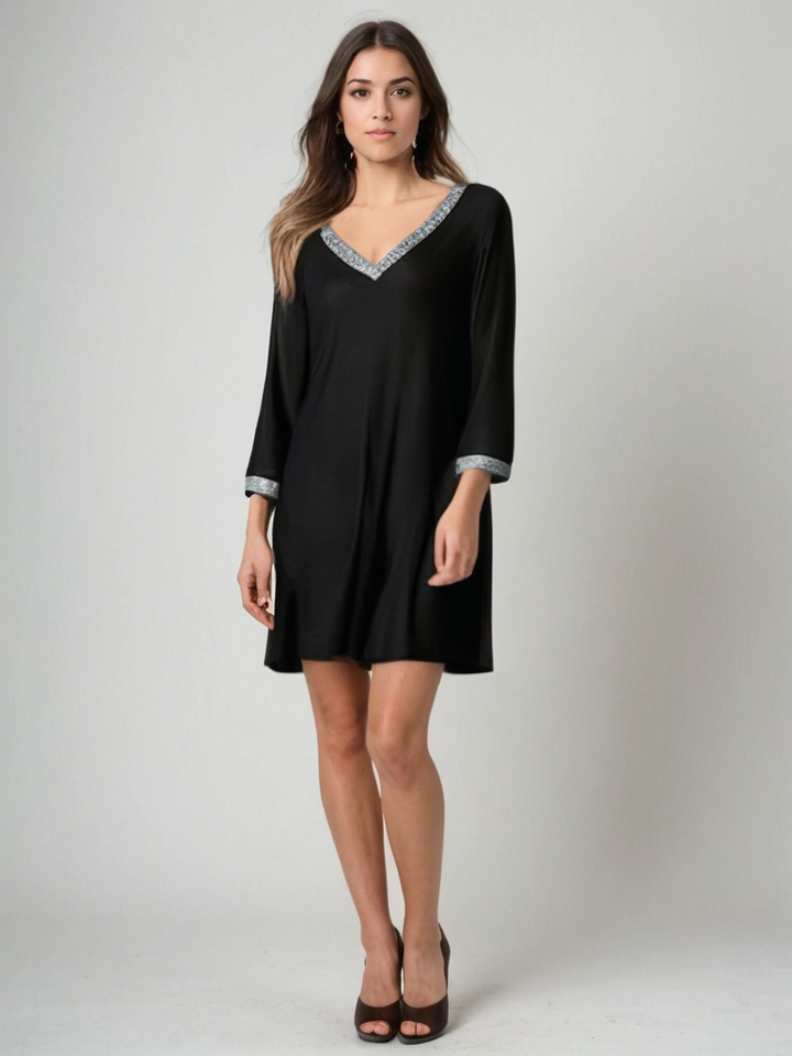 Vestido de noche negro corto | Elegancia informal con lentejuelas y escote en V