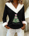 Maglione natalizio da donna con scollo a V, decorato con pelliccia sintetica e un motivo festivo a forma di albero di Natale | Maglione a maniche lunghe per le festività di fine anno