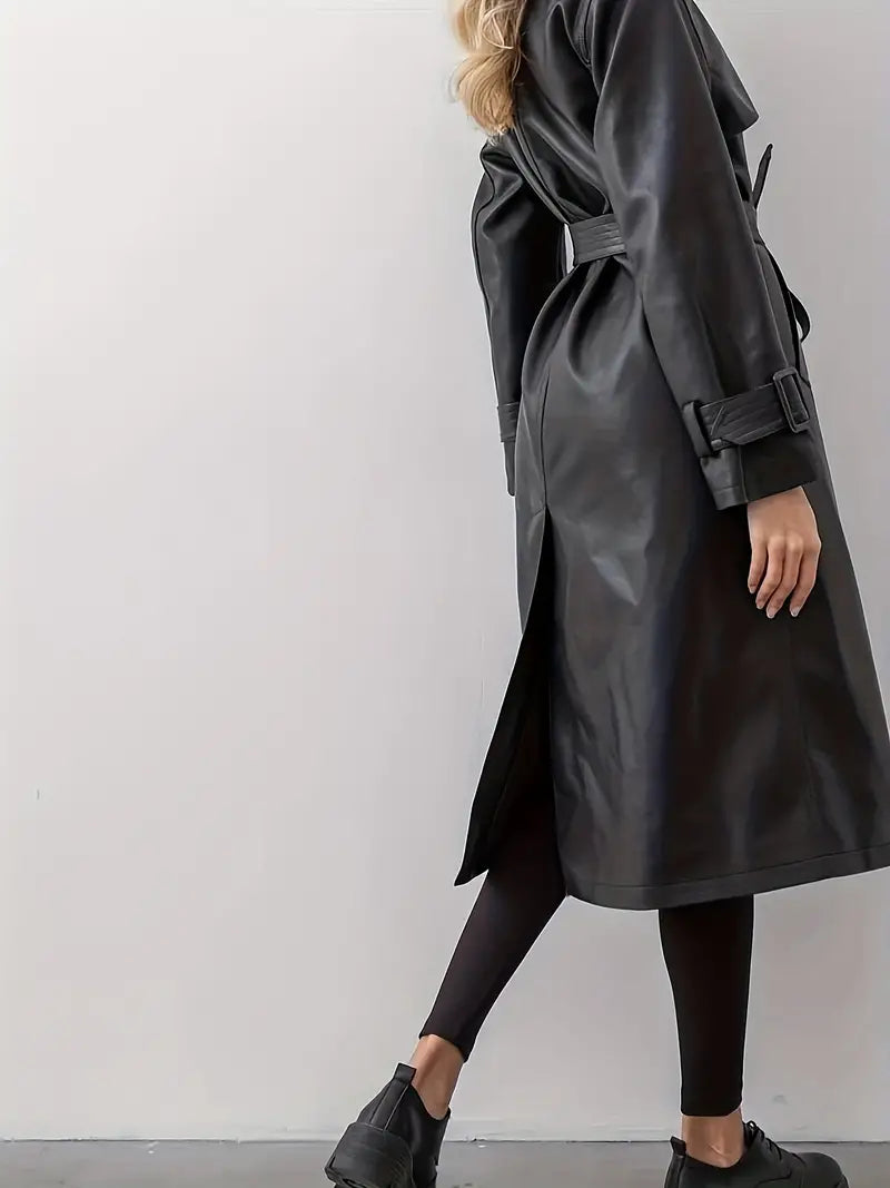 Trench-coat long en cuir femme | Ceinture, double boutonnage et larges revers