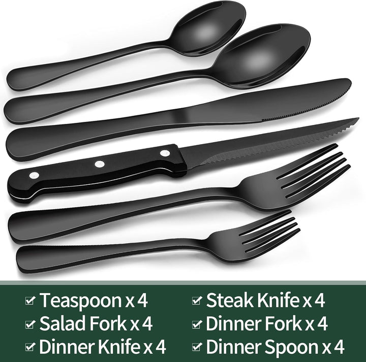 PureSet Set de Couverts 24 Pièces | Acier Inox Noir avec Couteaux à Steak