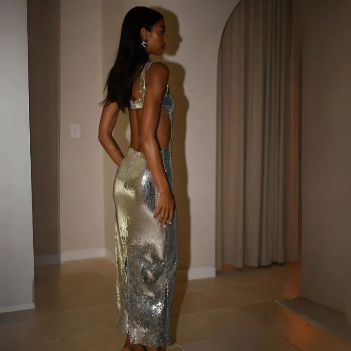 Vestido de noche para mujer - Largo hasta el suelo - Escote cuadrado - Lentejuelas - Silueta ajustada