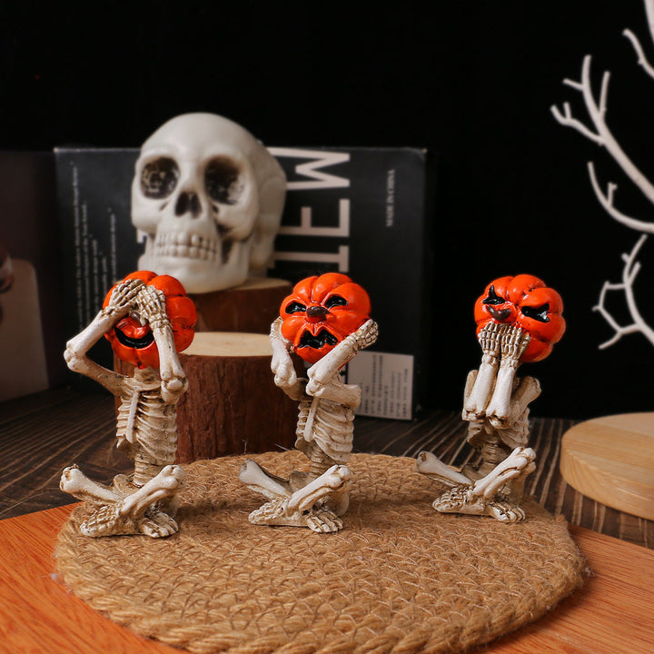 Décoration Halloween – Set 3 Squelettes Citrouille « Ne rien voir » en Résine