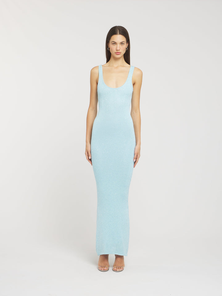 Vestido de noche para mujer Isla | Vestido largo de lentejuelas azules con escote en U y corte entallado