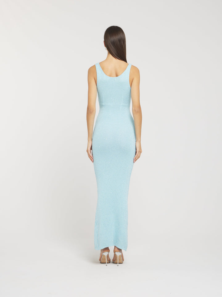 Vestido de noche para mujer Isla | Vestido largo de lentejuelas azules con escote en U y corte entallado