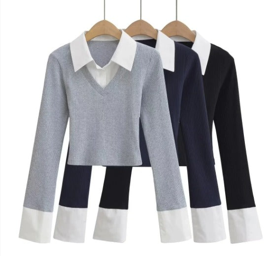 Rhea T-shirt manches longues pour femmes | Haut patchwork avec coupe cintrée & design moderne