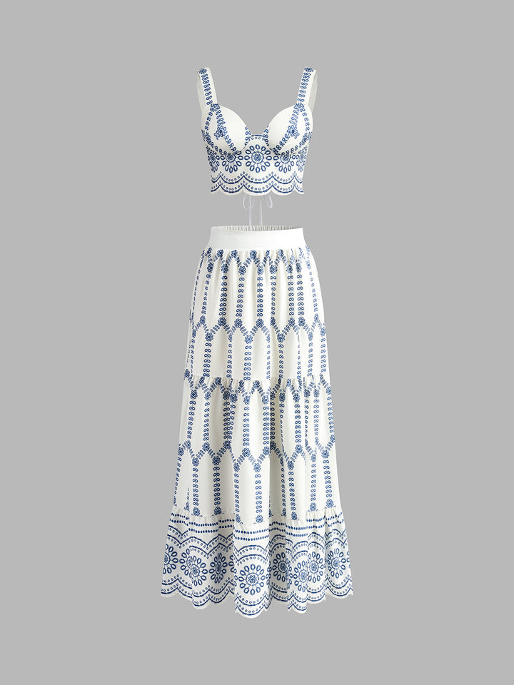 Ensemble deux pièces avec broderie | Top bustier & maxi-jupe | Estival & Féminin