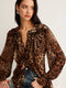 Blusa elegante con estampado de leopardo safari – Top de gasa con mangas largas y cuello con volantes para mujer