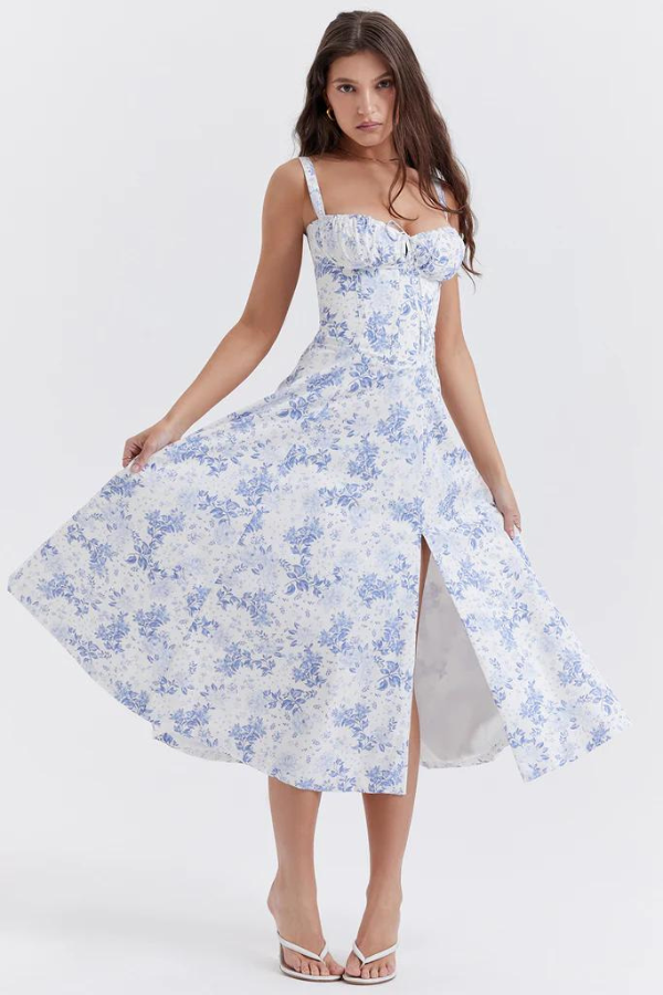 Robe corset midi sans manches | Robe fleurie élégante et ensoleillée pour l'été
