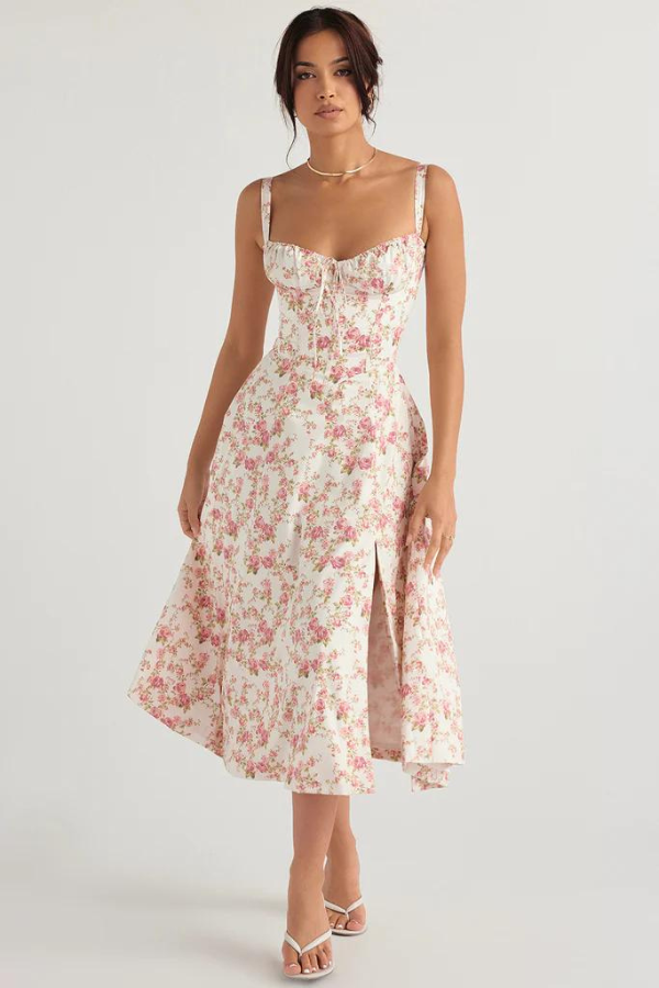 Robe corset midi sans manches | Robe fleurie élégante et ensoleillée pour l'été