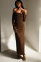 Vestido longo de mulher com ombros largos em poliéster, ideal para o outono e festivo para casamento
