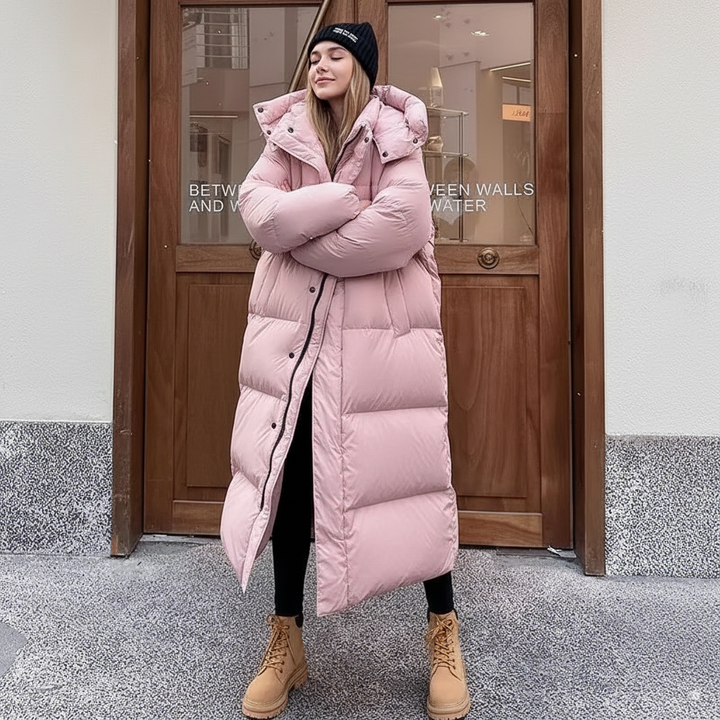 Veste longue matelassée femme | Coupe décontractée, capuche et protection coupe-vent