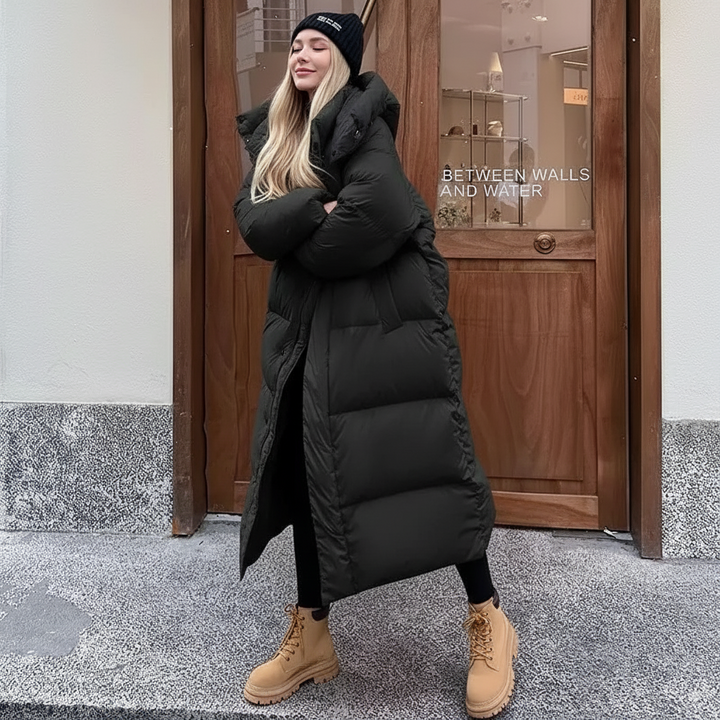 Veste longue matelassée femme | Coupe décontractée, capuche et protection coupe-vent