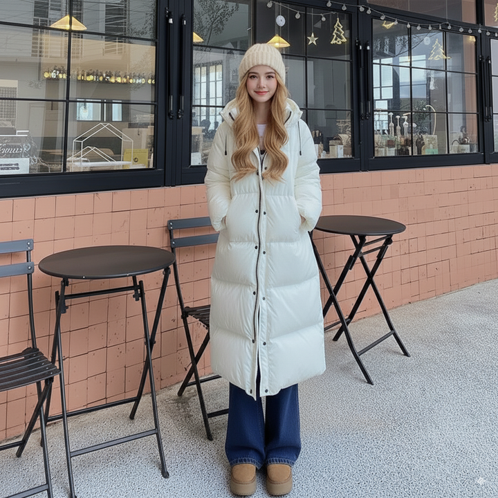 Veste longue matelassée femme | Coupe décontractée, capuche et protection coupe-vent