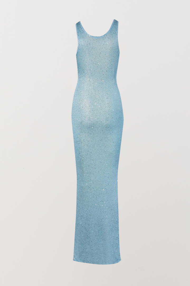 Vestido de noche para mujer Isla | Vestido largo de lentejuelas azules con escote en U y corte entallado
