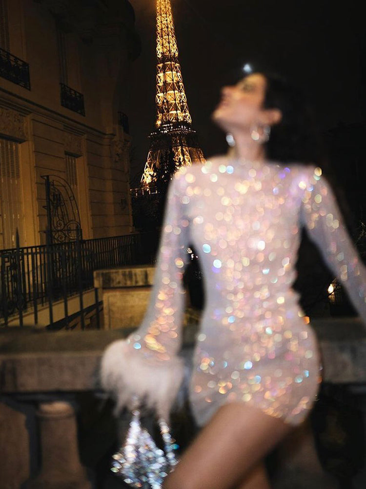 Vestido de lentejuelas de manga larga brillante | Minivestido de noche deslumbrante para eventos elegantes