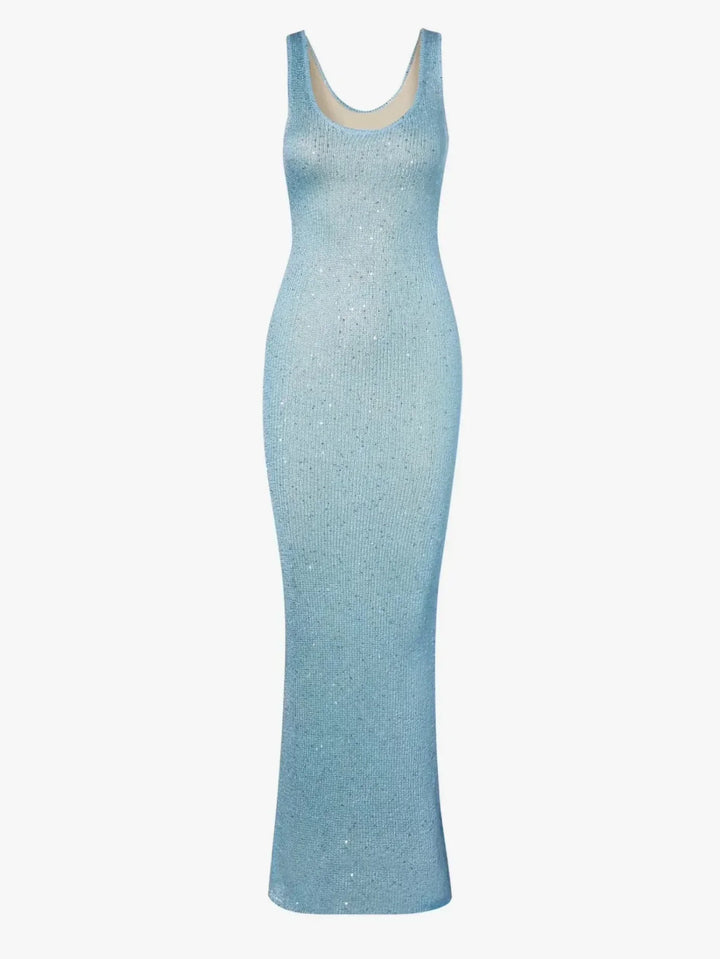 Vestido de noche para mujer Isla | Vestido largo de lentejuelas azules con escote en U y corte entallado