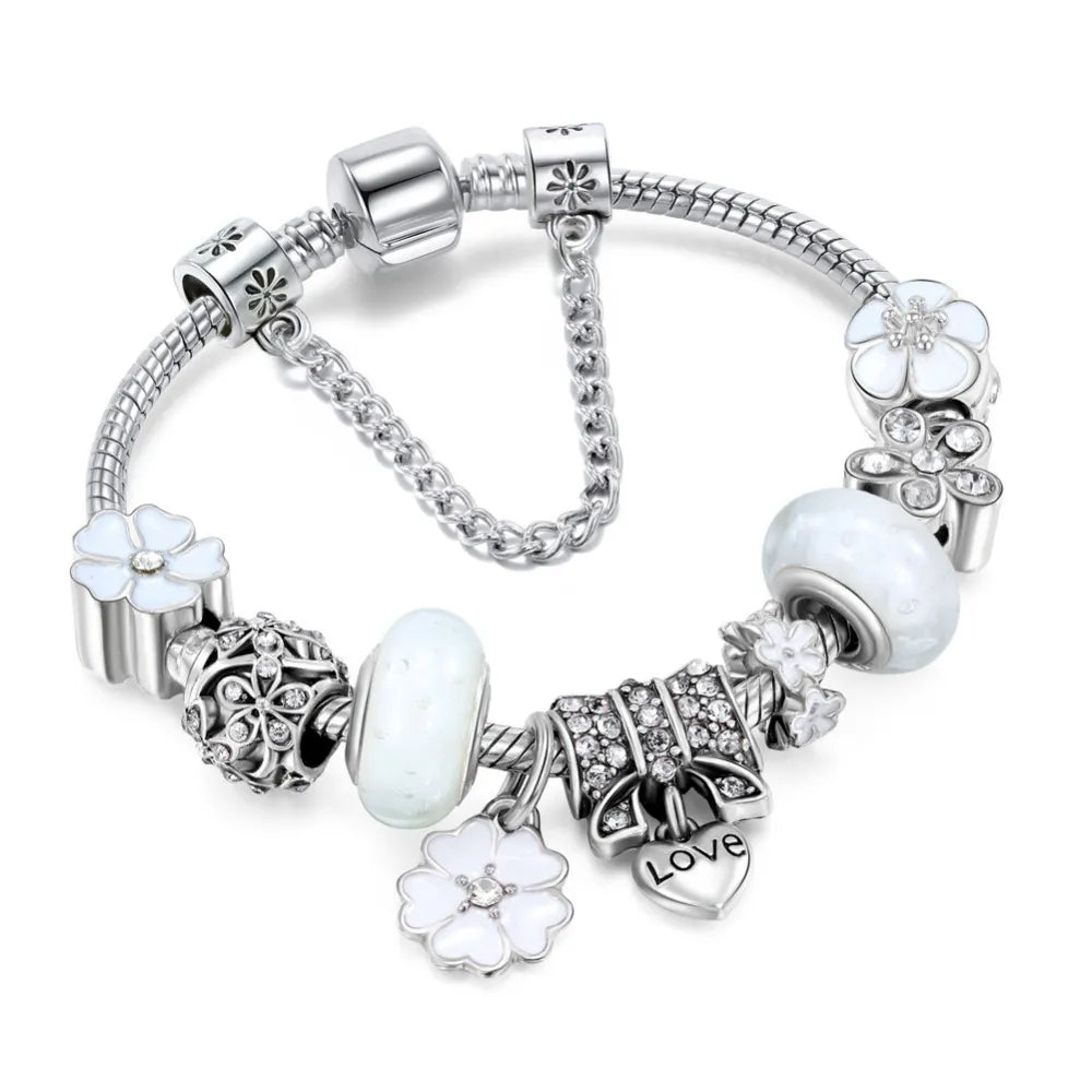 Bracelet en Argent Sterling 925 avec Breloques Florales | Bijou Élégant Femme Cadeau