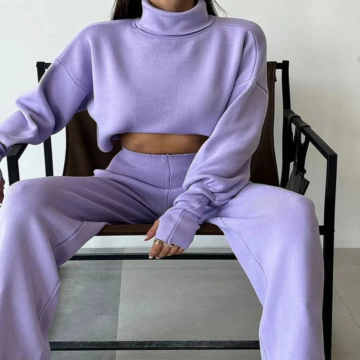 Conjunto de dos piezas de jersey de cuello alto y pantalón ancho de cintura alta para mujer