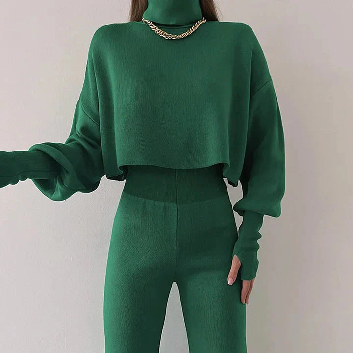 Conjunto de dos piezas de jersey de cuello alto y pantalón ancho de cintura alta para mujer