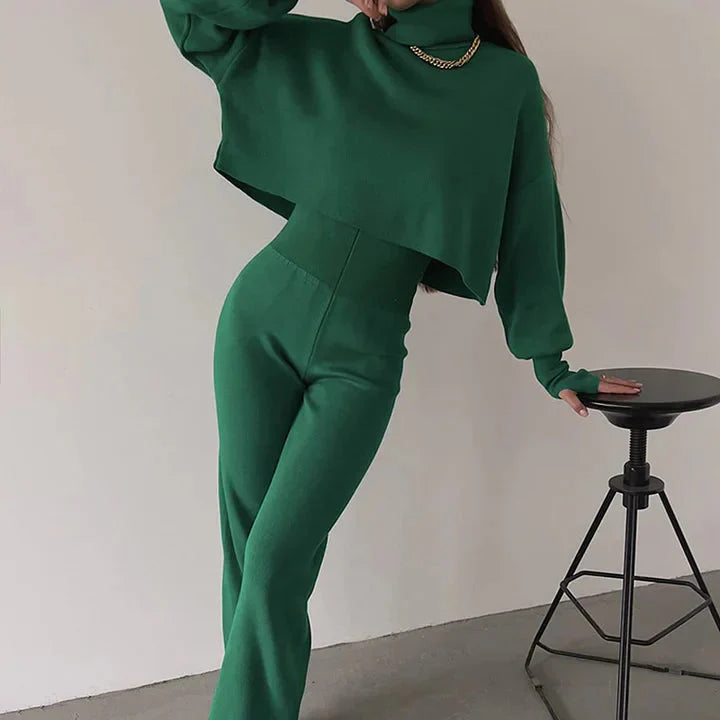 Conjunto de dos piezas de jersey de cuello alto y pantalón ancho de cintura alta para mujer
