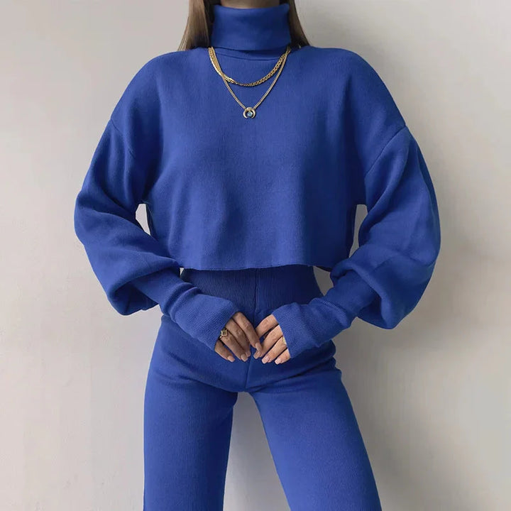 Conjunto de dos piezas de jersey de cuello alto y pantalón ancho de cintura alta para mujer