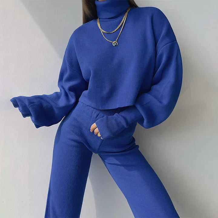 Conjunto de dos piezas de jersey de cuello alto y pantalón ancho de cintura alta para mujer