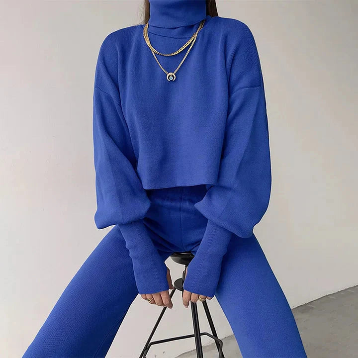 Conjunto de dos piezas de jersey de cuello alto y pantalón ancho de cintura alta para mujer