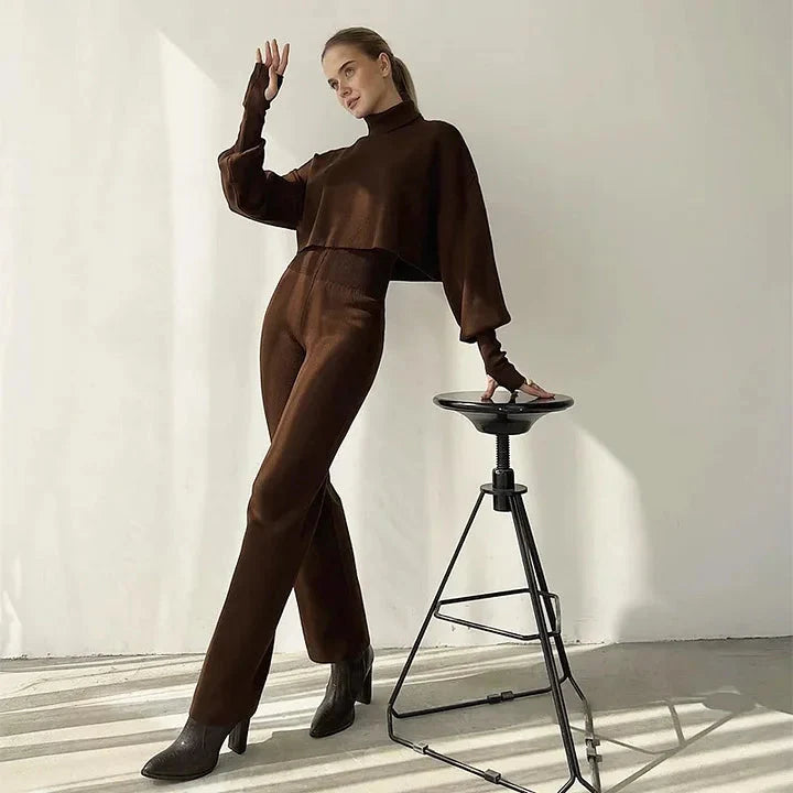 Conjunto de dos piezas de jersey de cuello alto y pantalón ancho de cintura alta para mujer