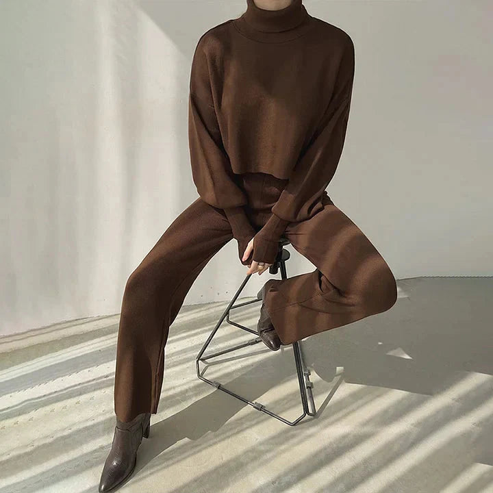 Conjunto de dos piezas de jersey de cuello alto y pantalón ancho de cintura alta para mujer