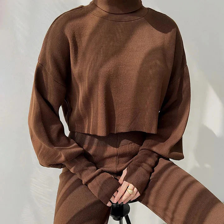 Conjunto de dos piezas de jersey de cuello alto y pantalón ancho de cintura alta para mujer