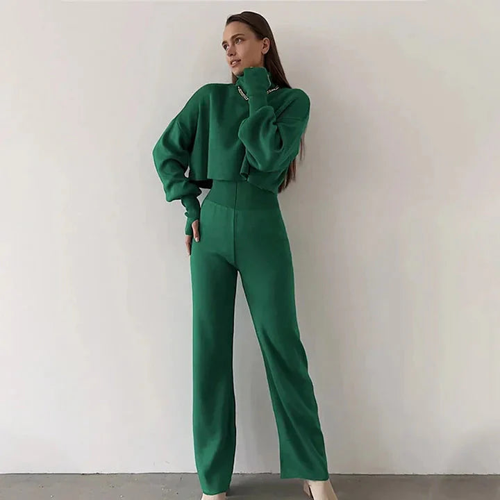 Conjunto de dos piezas de jersey de cuello alto y pantalón ancho de cintura alta para mujer