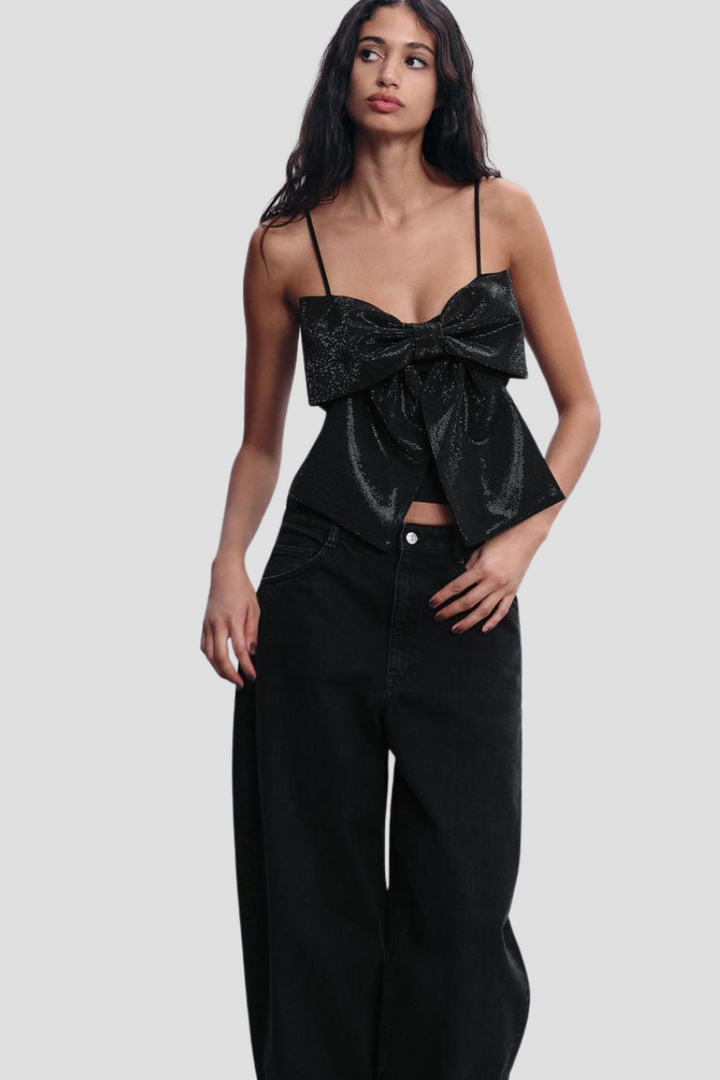 Loulou Débardeur femme pailleté avec noeud | Débardeur noir à paillettes pour les fêtes & occasions spéciales