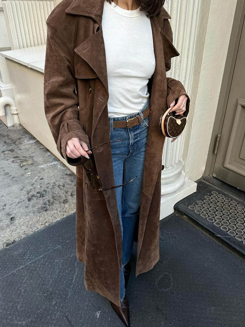 Manteau Trench Femme Simili Cuir Suede | Élégance et Confort avec Ceinture Ajustable