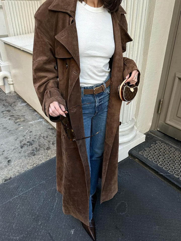 Manteau Trench Femme Simili Cuir Suede | Élégance et Confort avec Ceinture Ajustable
