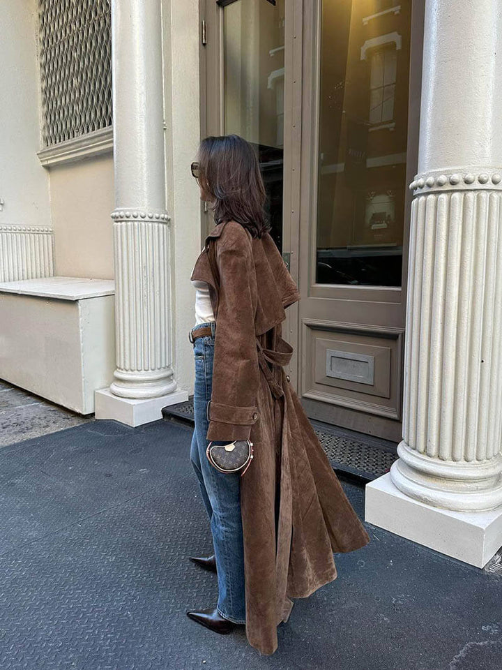 Manteau Trench Femme Simili Cuir Suede | Élégance et Confort avec Ceinture Ajustable