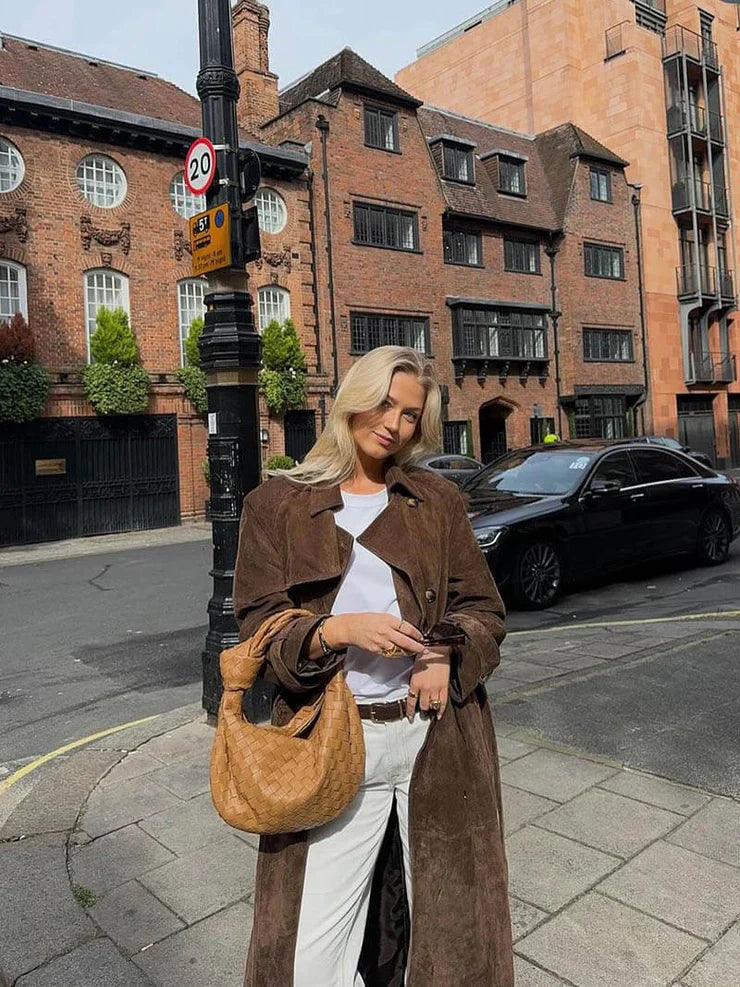 Manteau Trench Femme Simili Cuir Suede | Élégance et Confort avec Ceinture Ajustable