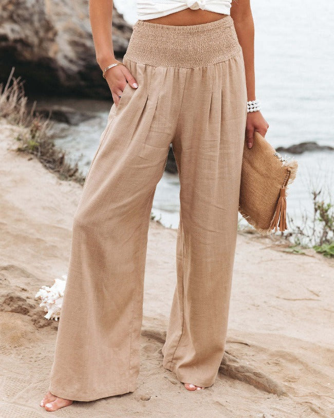Maren Pantalon femme en coton-lin | Pantalon large à taille haute & coupe décontractée