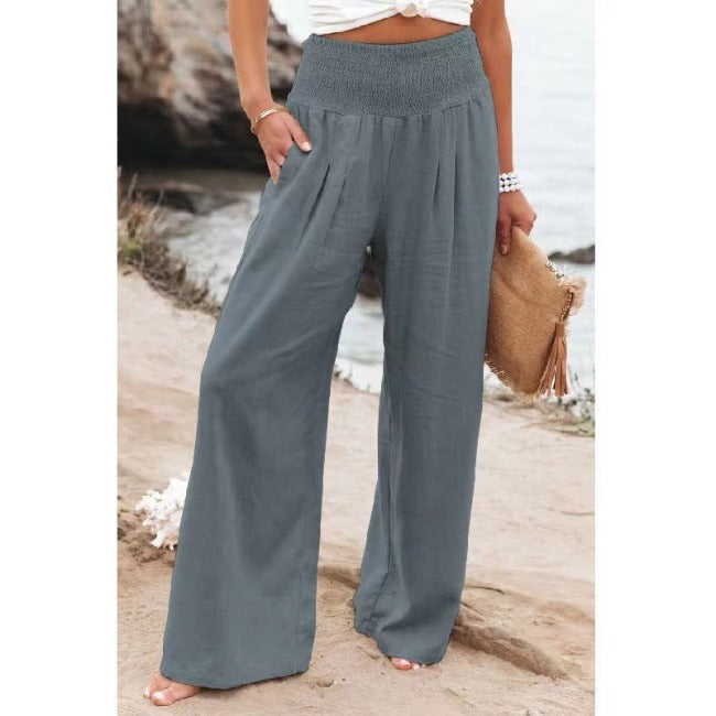 Maren Pantalon femme en coton-lin | Pantalon large à taille haute & coupe décontractée