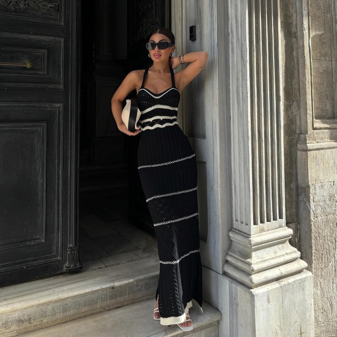 Mila robe maxi avec accents crochetés et rayures | Robe d'été boho avec col en V